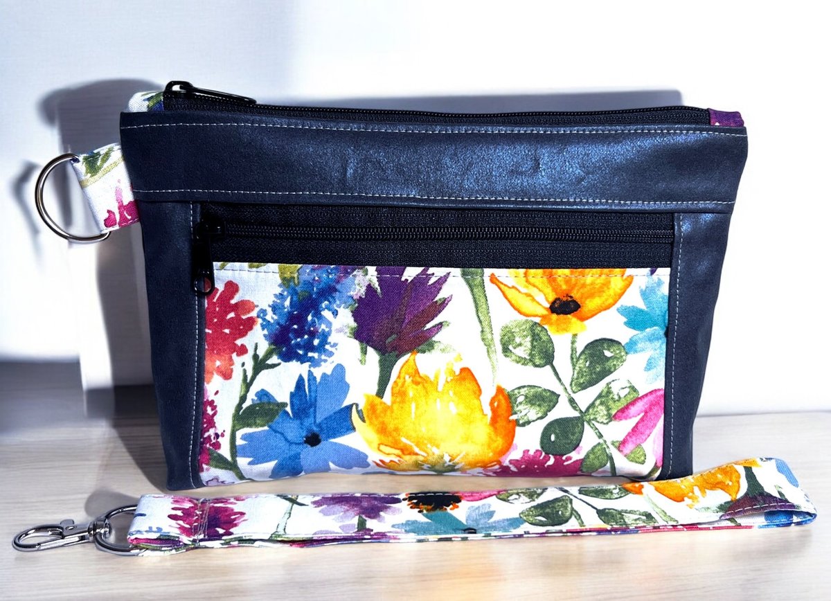 Blue Vinyl and Fabric Zippered Wristlet