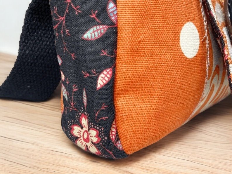 Orange and Black Artisan Patch Messenger, Upcycled Fabric Purse