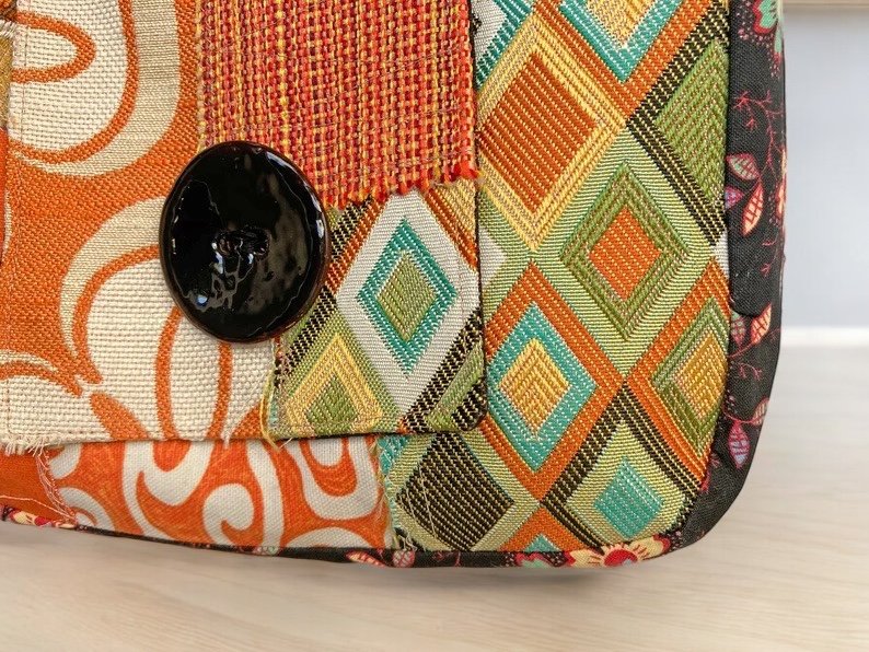 Orange and Black Artisan Patch Messenger, Upcycled Fabric Purse