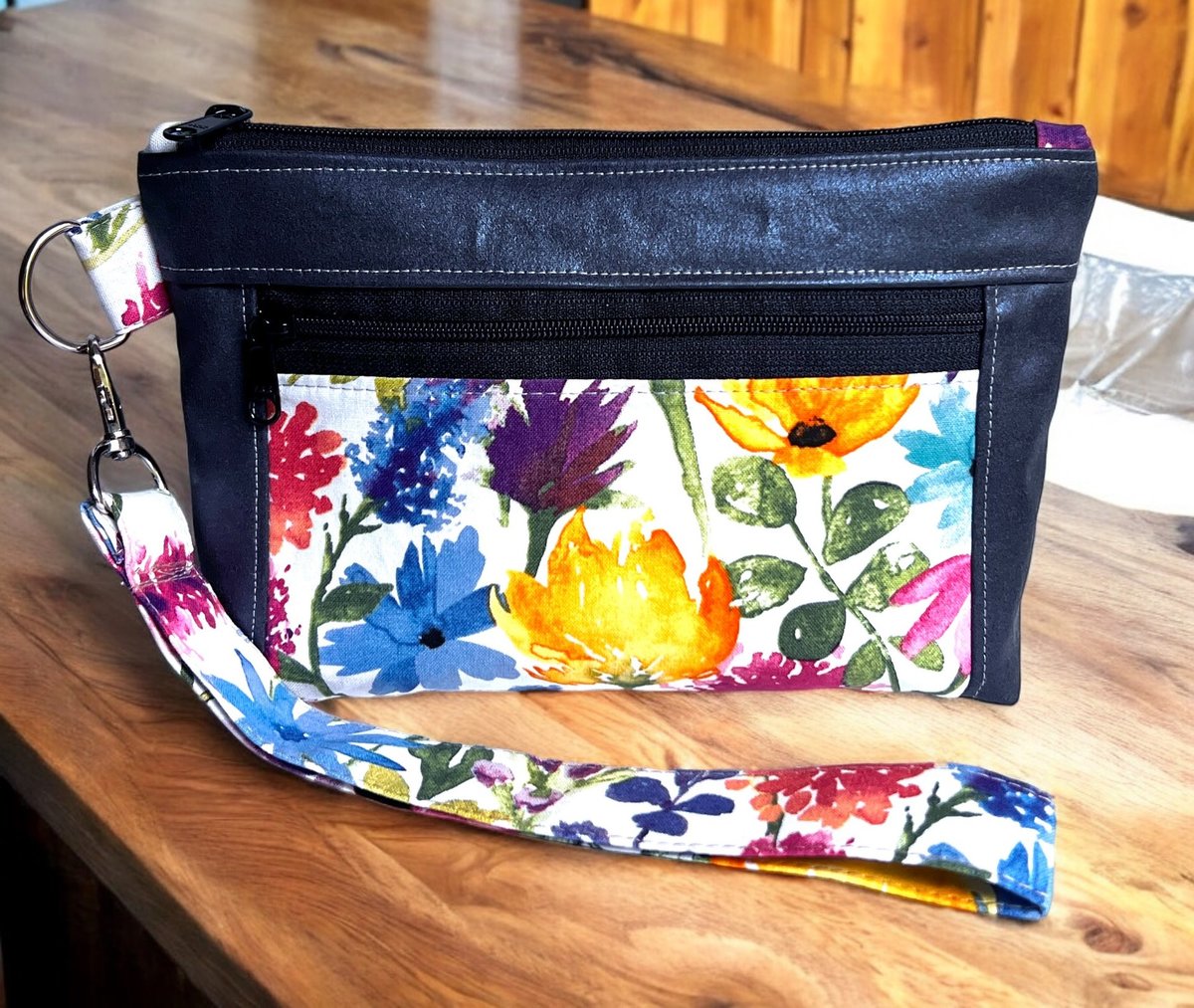Blue Vinyl and Fabric Zippered Wristlet