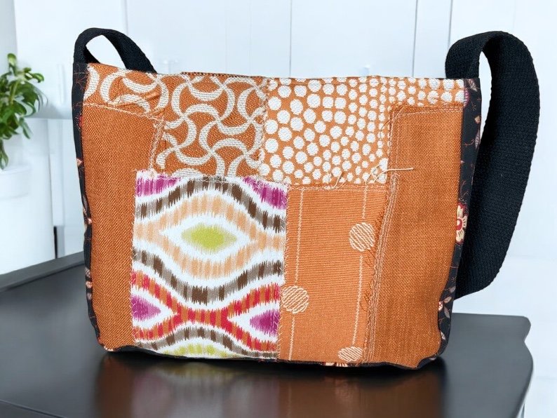 Orange and Black Artisan Patch Messenger, Upcycled Fabric Purse