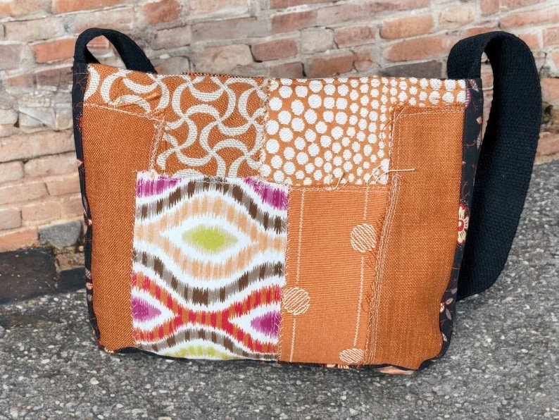 Orange and Black Artisan Patch Messenger, Upcycled Fabric Purse