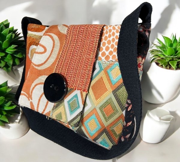 Orange and Black Artisan Patch Messenger, Upcycled Fabric Purse