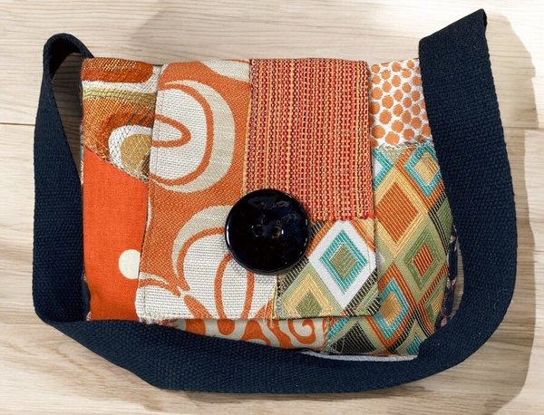 Orange and Black Artisan Patch Messenger, Upcycled Fabric Purse